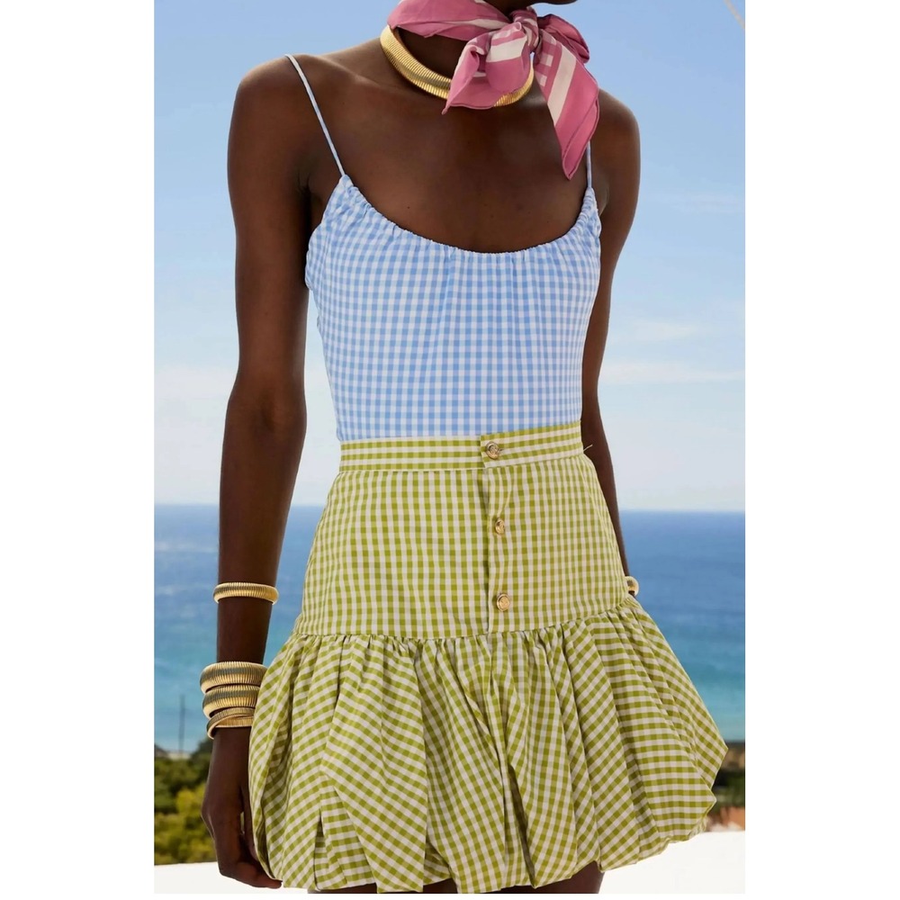 NWT Caroline Constas Reina Bubble Hem
Mini Skirt Pistachio Gingham Sz XS $340